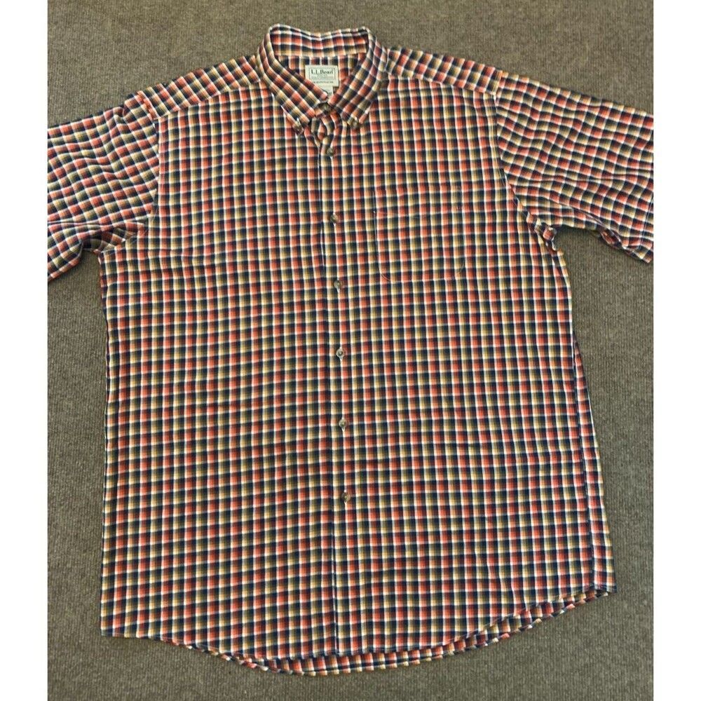 LL Bean Traditional Fit Button Shirt Mens L Plaid Check Short Sleeve BBQ Camp